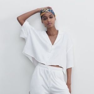 Zara Cropped White Silk Effect Blouse M